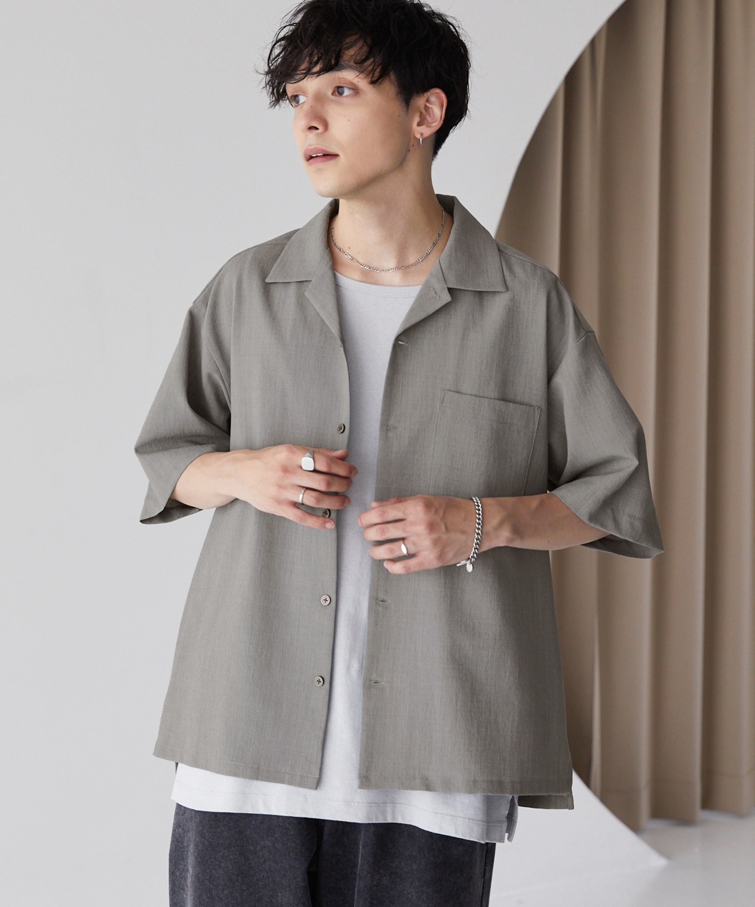 入荷禁止】テックリネンオーバーサイズオープンカラー半袖シャツ