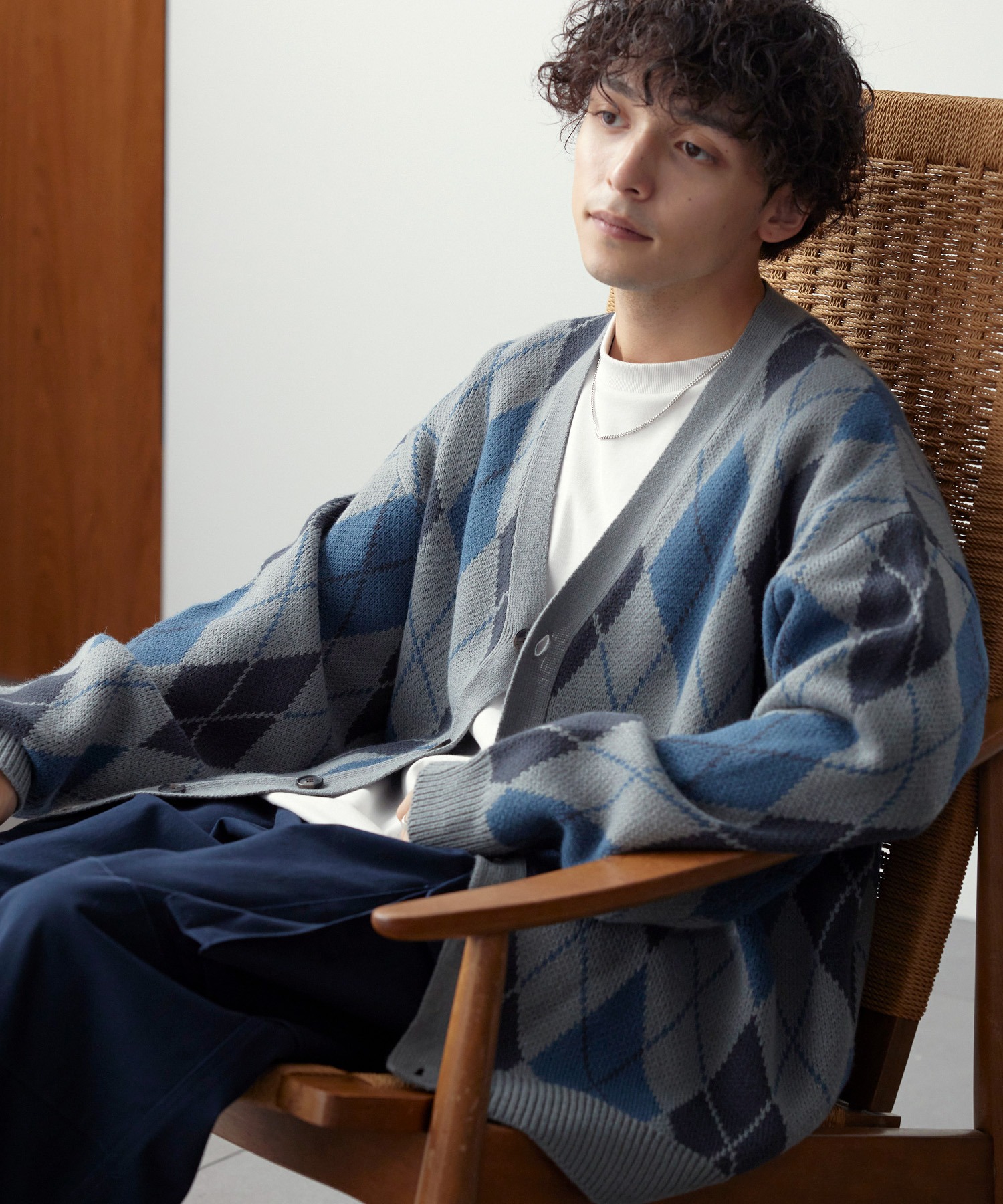 ボリュームWジャガードニットアーガイル柄ルーズカーディガン MONO