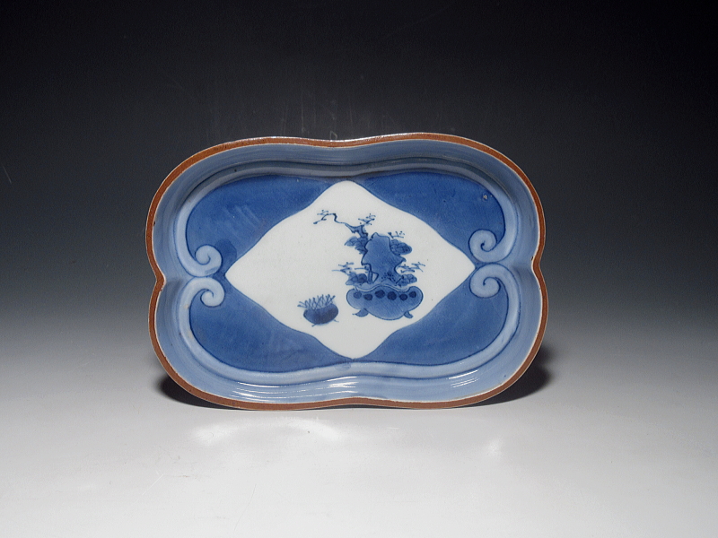 古伊万里 藍九谷 薄瑠璃釉染付 盆栽文 軍配形変形皿【寛文】 ｜ 古陶磁