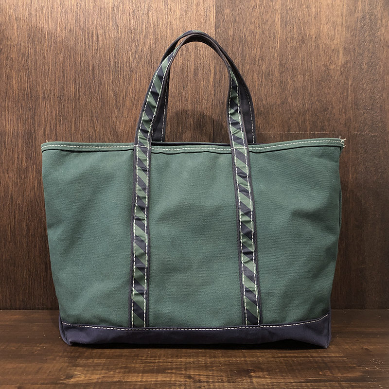 L.L. Bean Boat and Tote Green Canvas Navy Regimental Stripe Handle
