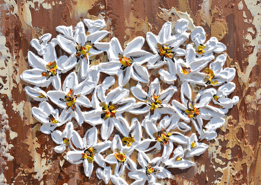White Flower Heart, Impasto Acrylic Painting on Canvas, Textured