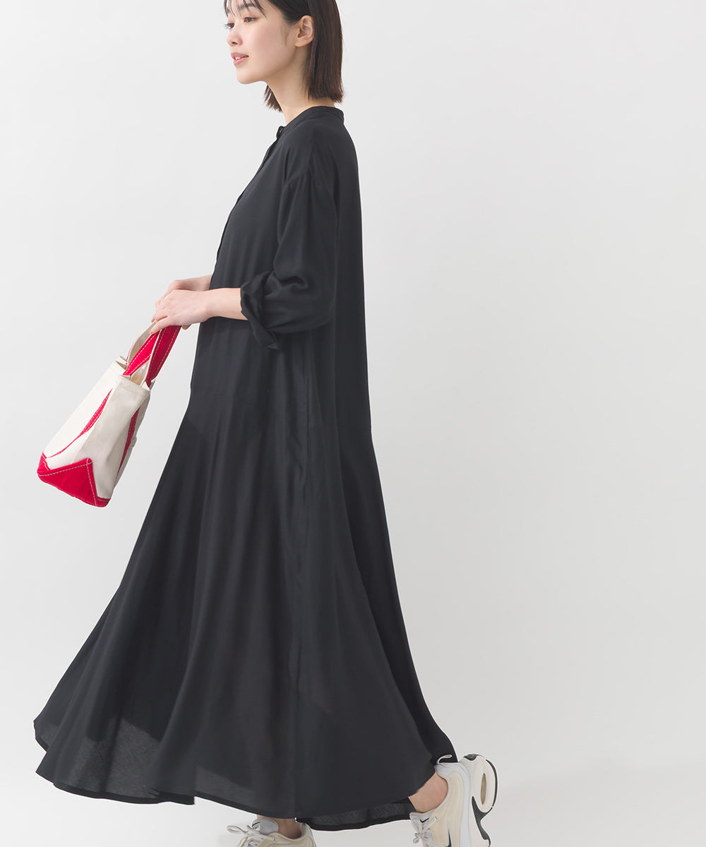 OMNES】レーヨンバンドカラー裾フレアワンピース【1524-9107】