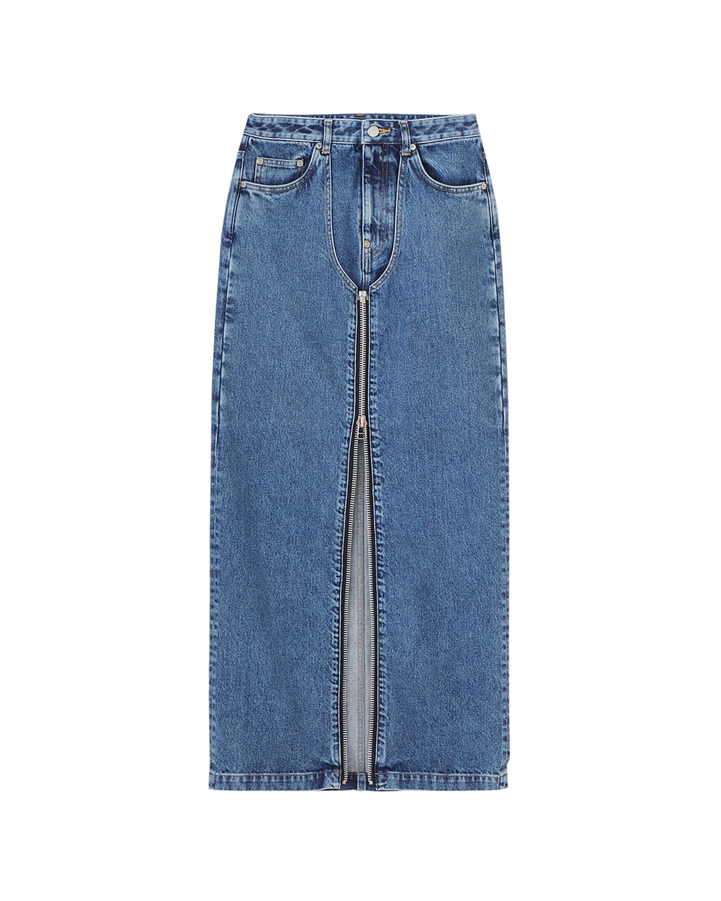 WASHED DENIM ZIP LONG SKIRT