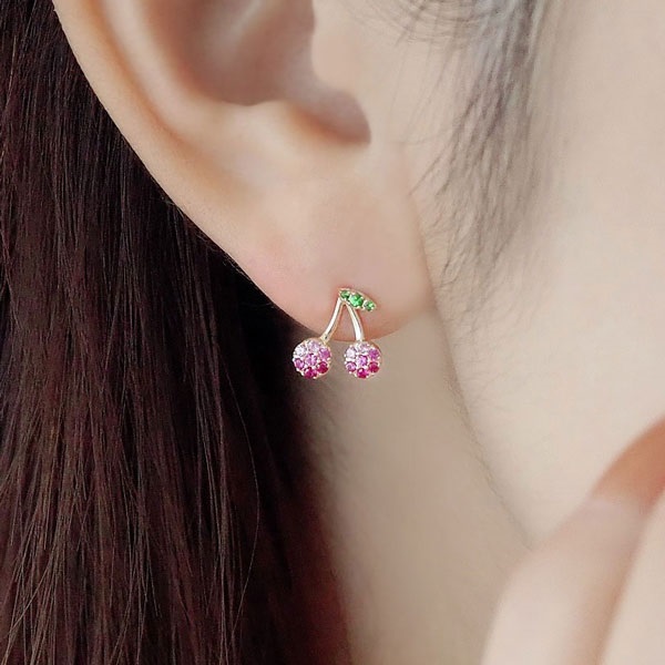 K10YGピンクサファイア/グリーンガーネットピアス(片耳用