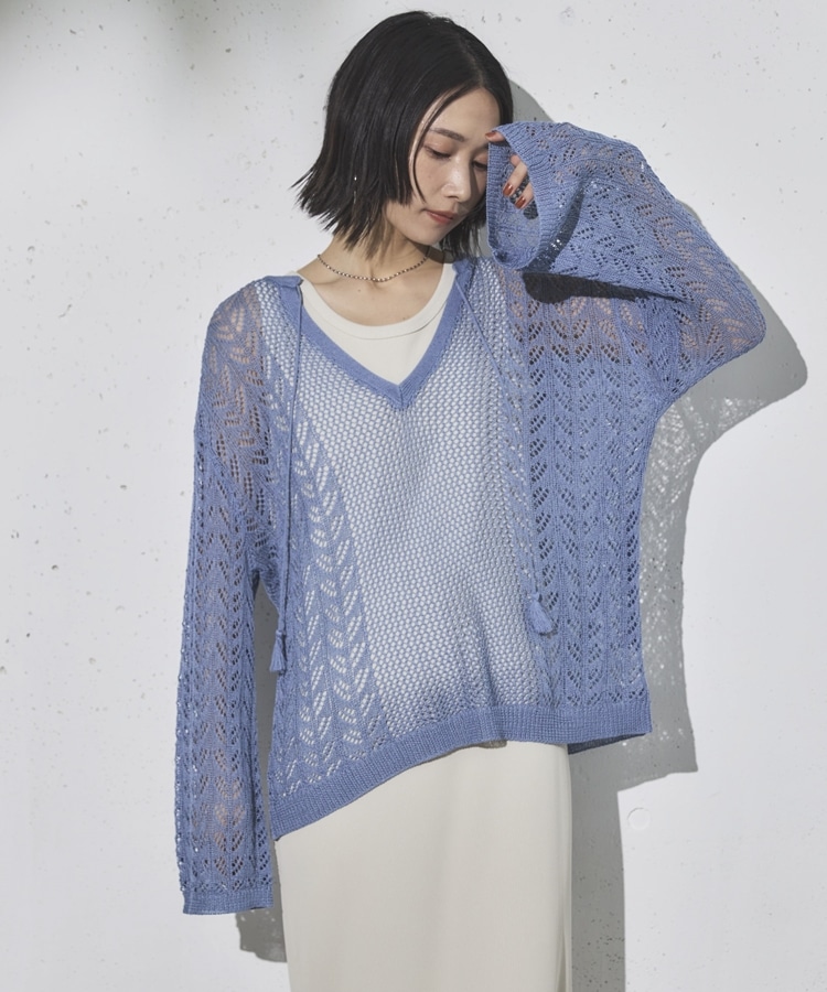 透かし編みキーネックニットプルオーバー(F BLUE): トップス｜PMbox