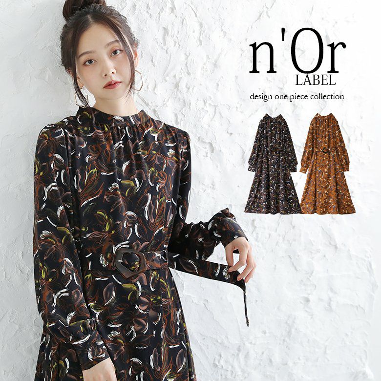 n'OrLABELベルト付き総柄レトロワンピース』