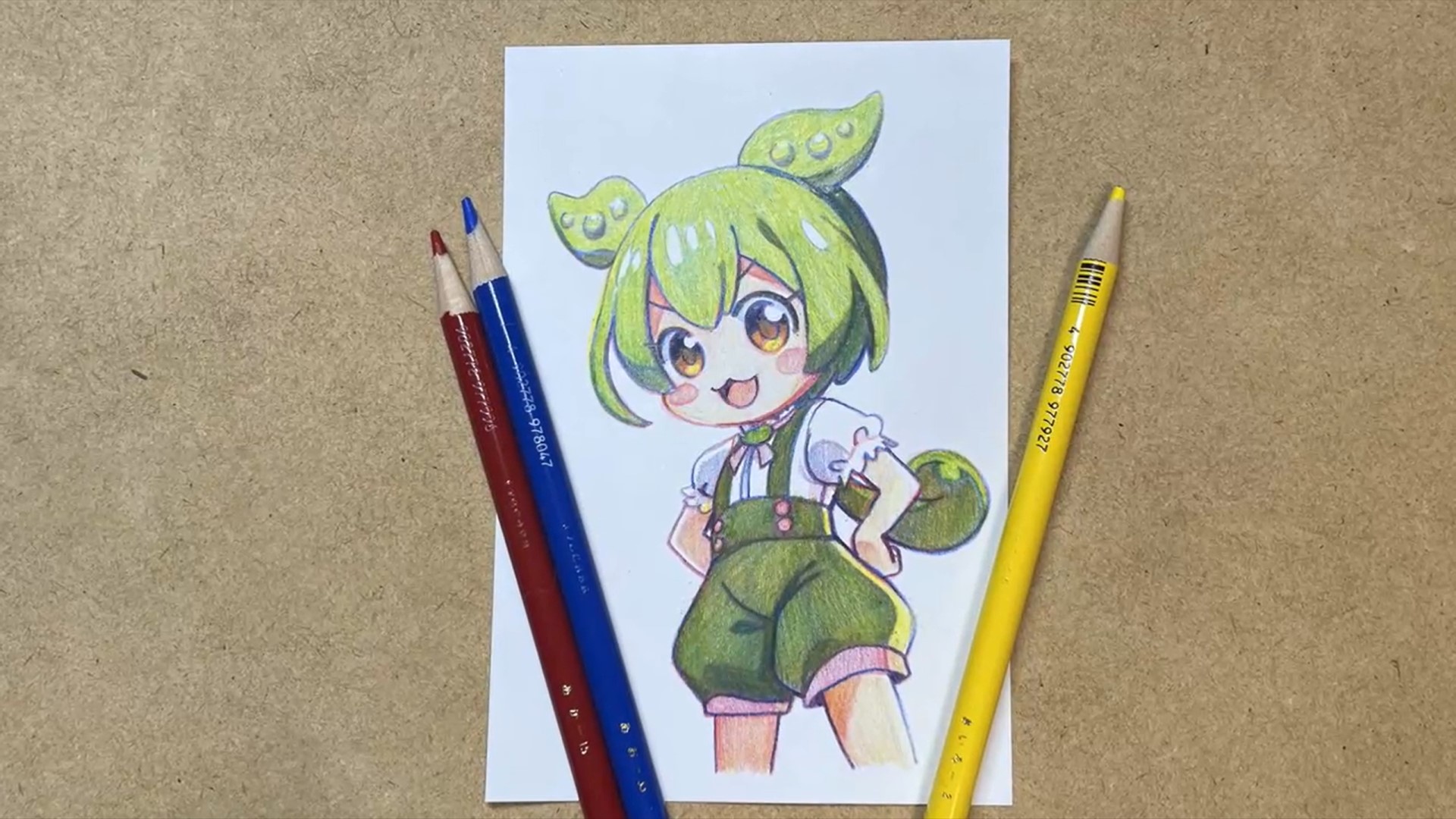 ずんだもん」を赤、青、黄色の3色の色鉛筆だけで描いてみた！ 緑を使わ