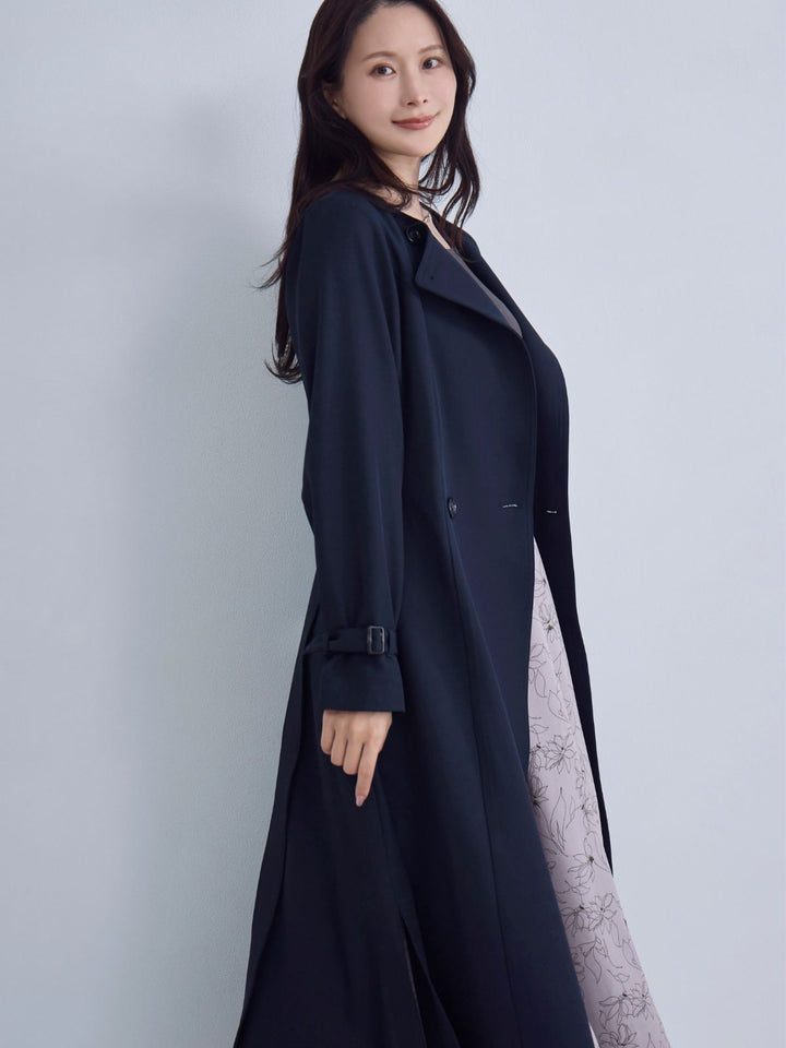 2wayノーカラートレンチコート26SS：ネイビー│胸が大きな女性のための
