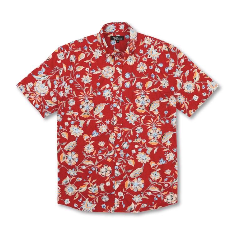 和柄 半袖ボタンダウンシャツ ＜花更紗/濃赤＞ | 京友禅アロハシャツ