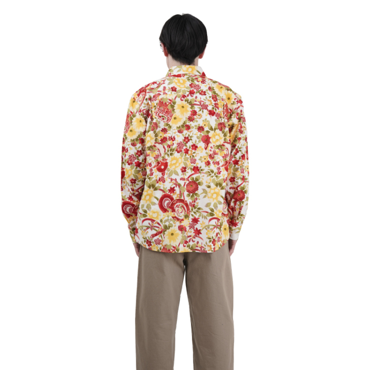 花柄 フランネルシャツ ＜花と雅楽/白赤＞ | 京友禅アロハシャツ