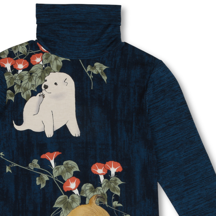 円山応挙 タートルネック長袖 ＜朝顔狗子図/紺＞ | 京友禅アロハシャツ