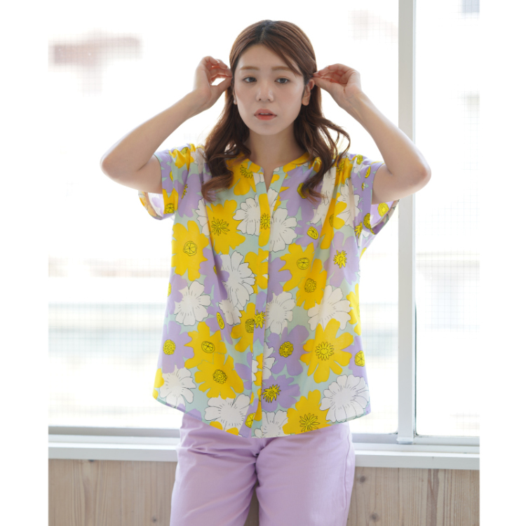 花柄 マオカラーブラウス ＜秋桜/黄色＞ | 京友禅アロハシャツ【Pagong