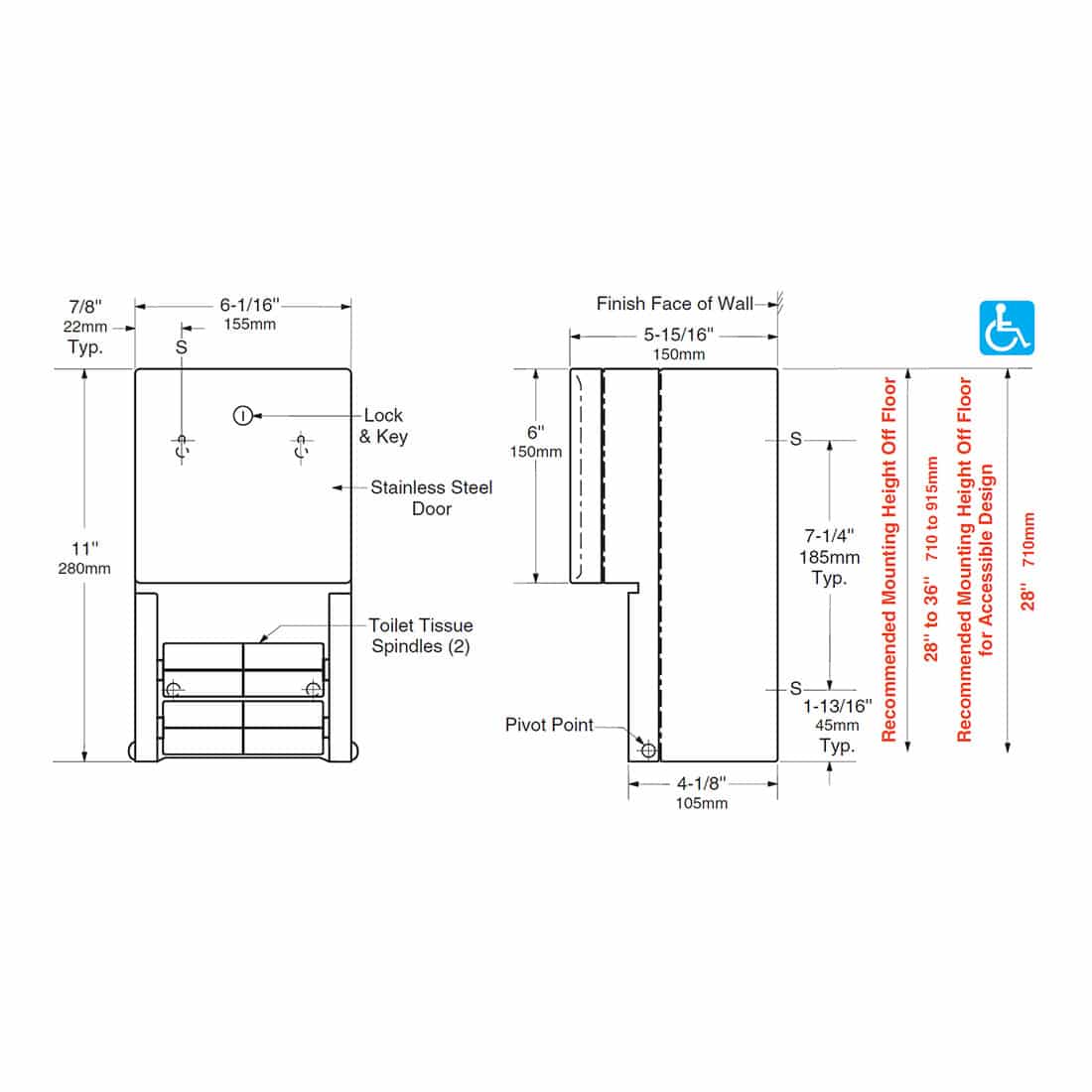 Bobrick Surface Mount Toilet Tissue Disp. B-4288 - Partition Plus