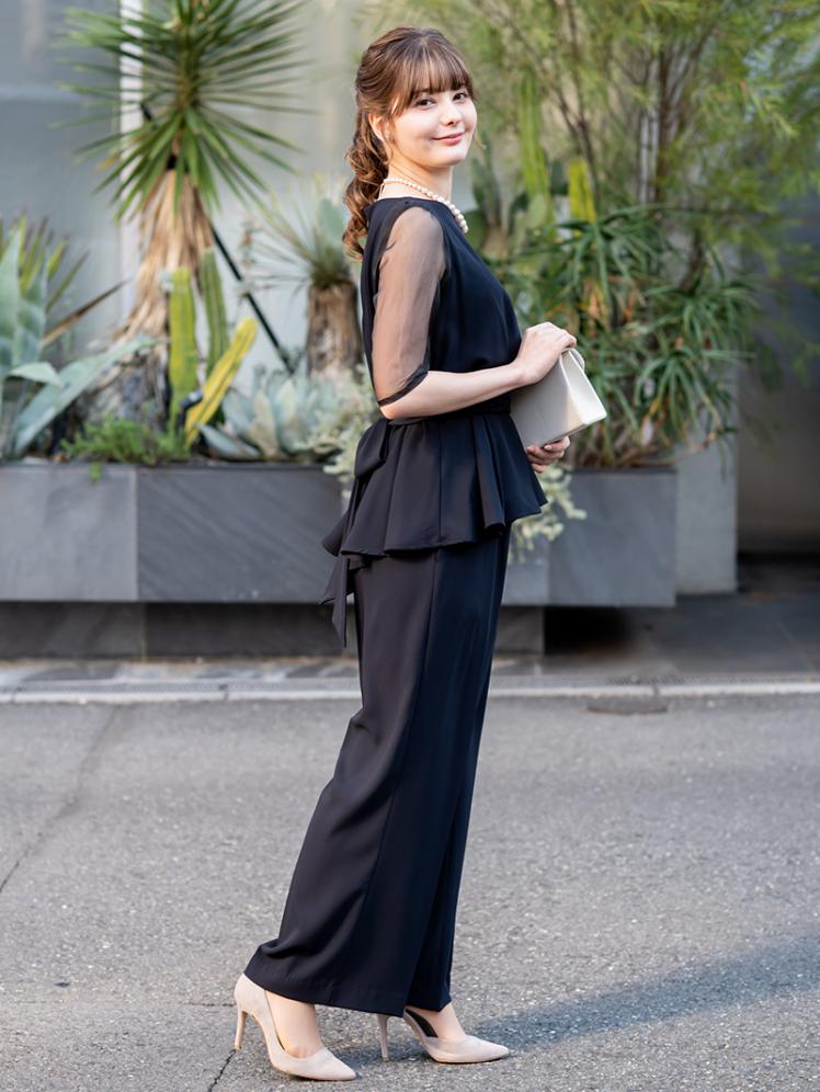 ペプラムバックリボンパンツドレス(ネイビー)H3-416NA-S | パーティ