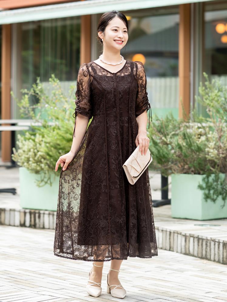 レースレイヤードドレス(ブラウン)CL1-437BR-L | パーティドレススタイル