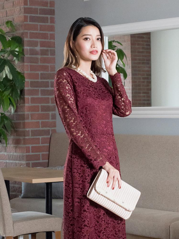 ロングスリーブレースドレス(ワインレッド)K1-279WR-M | パーティ