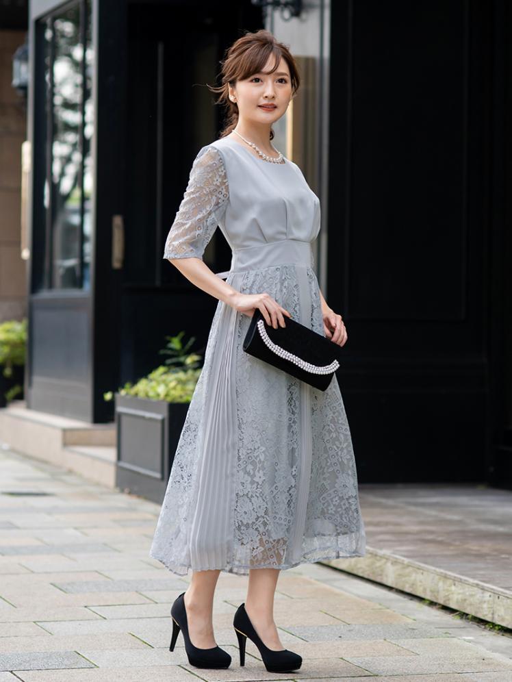 プリーツ×レースドッキングスカート(グレー)H1-386GRY-M | パーティ