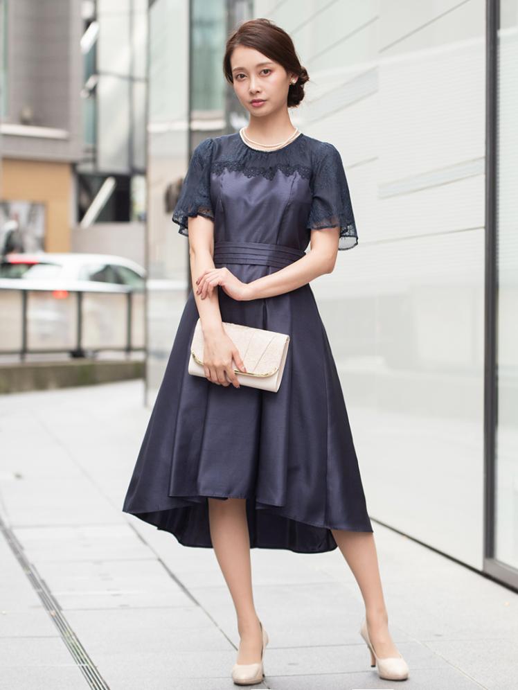 グロッシーフレアスカートレースドレス(ネイビー)CR1-367NA-M