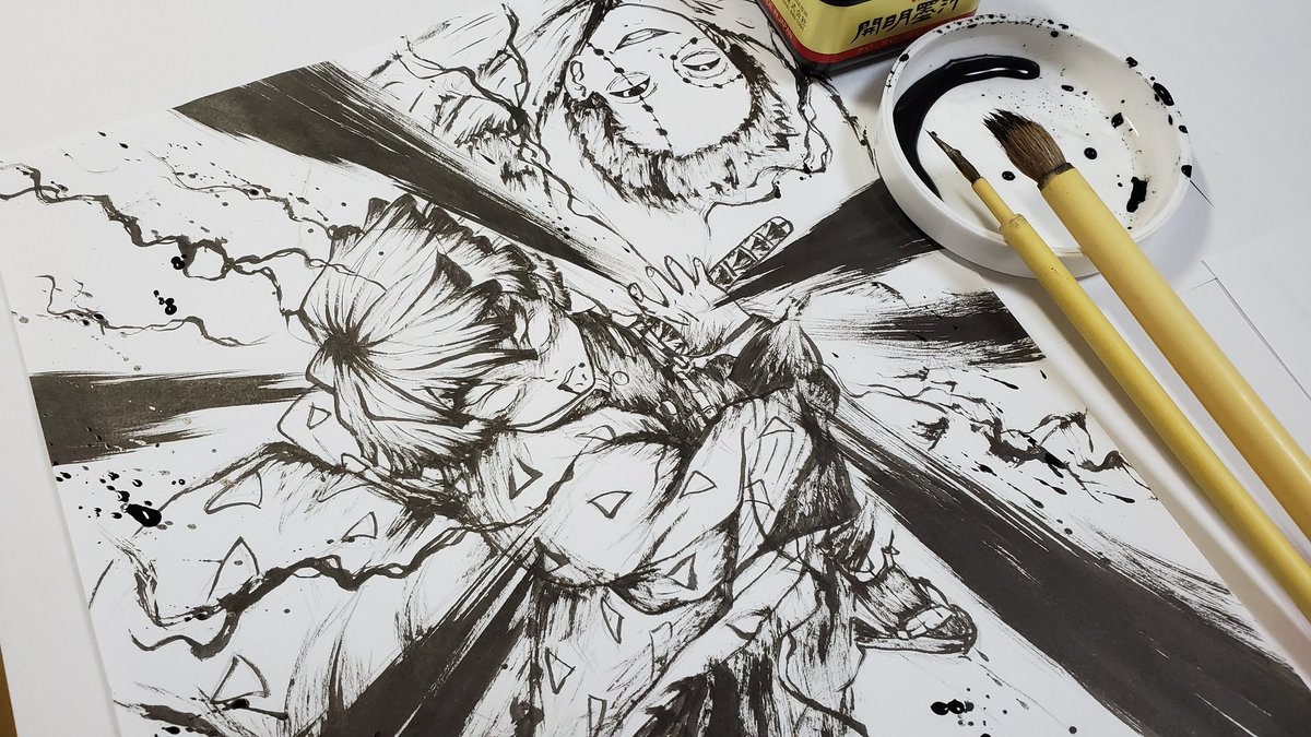 雷の呼吸 壱ノ型 霹靂一閃 六連』 鬼滅の刃 我妻善逸を墨絵で模写して