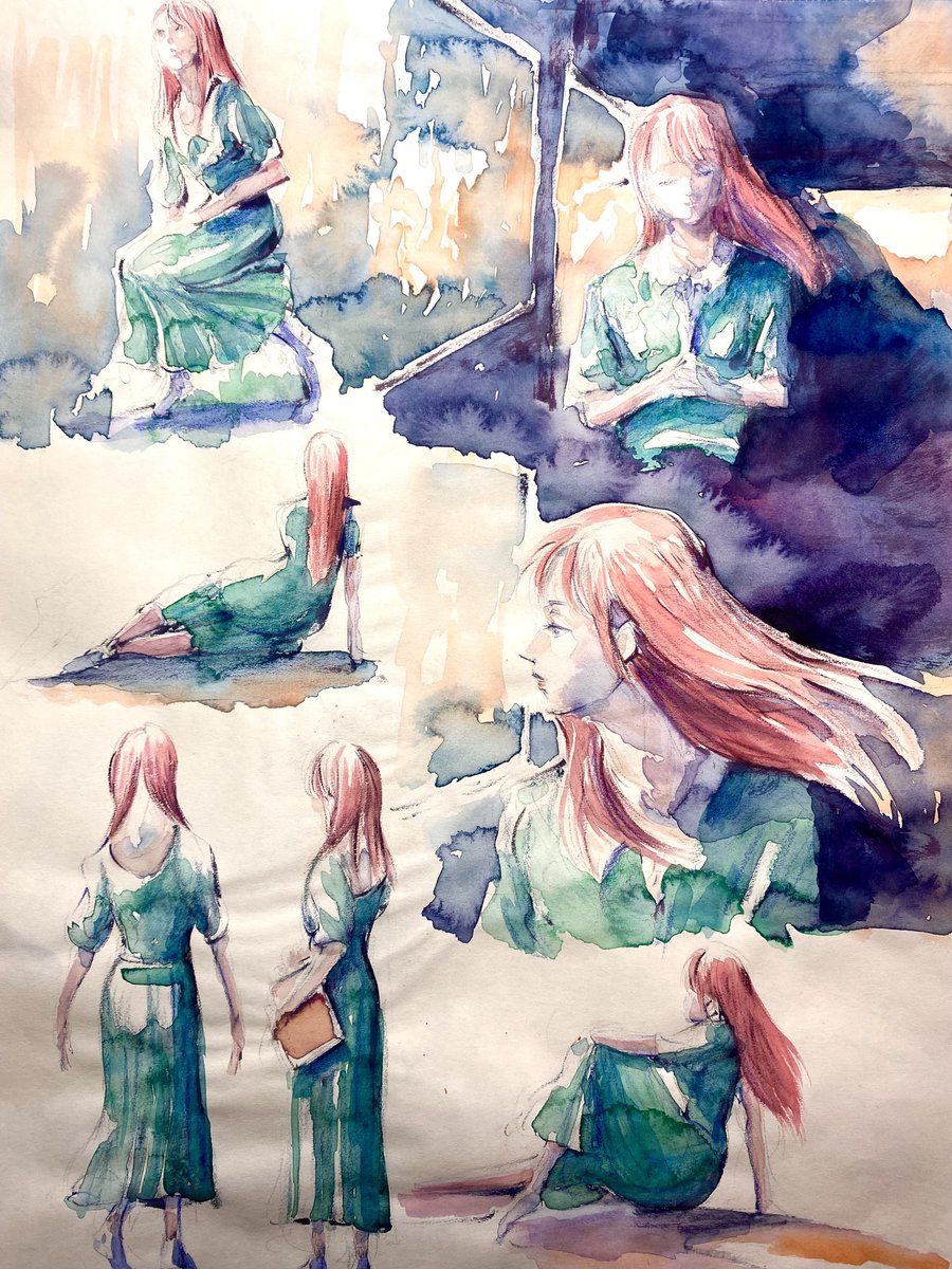 第一夜」人物の水彩ラフスケッチです。造形と同時に、各シーンでの動き