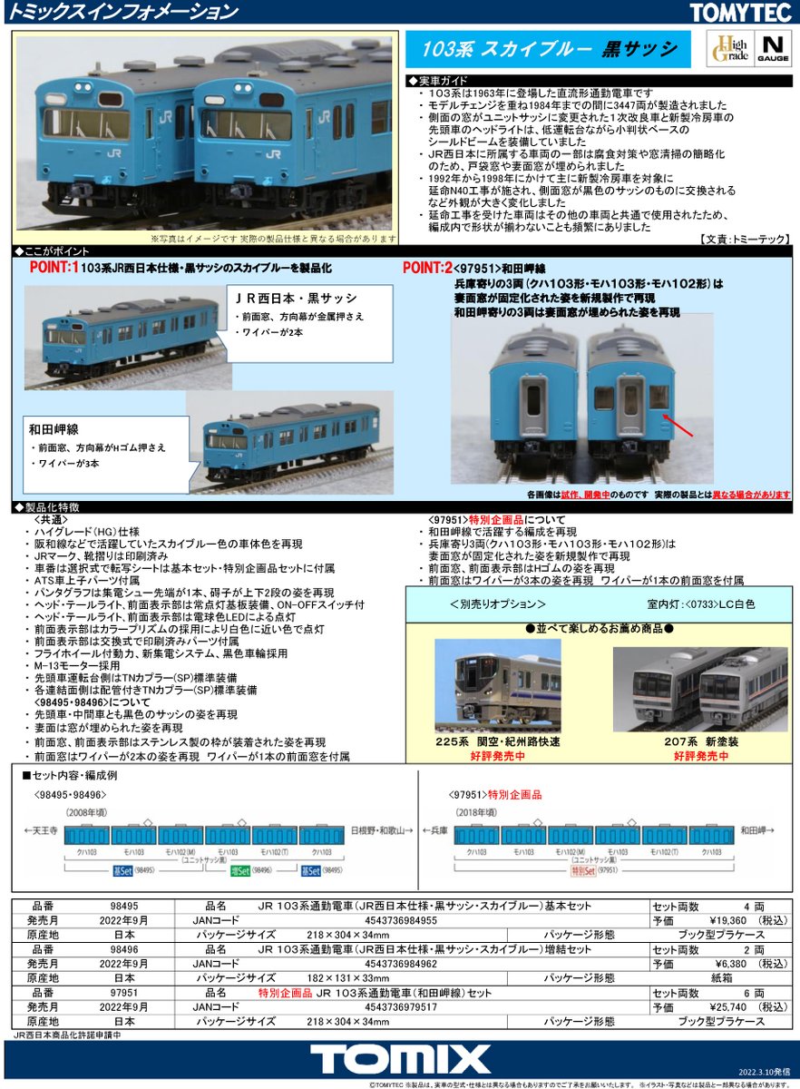 TOMIX Nゲージ新製品】103系JR西日本更新車 黒サッシ スカイブルー・特