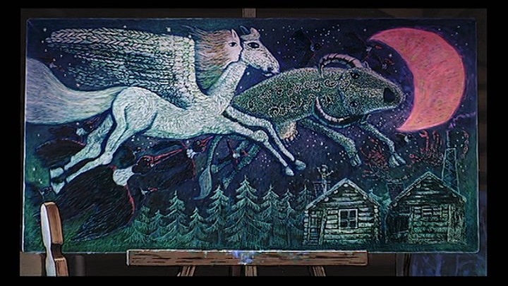 ウルスラの絵は青森県八戸市立湊中学校養護学級による木版画「虹の上を