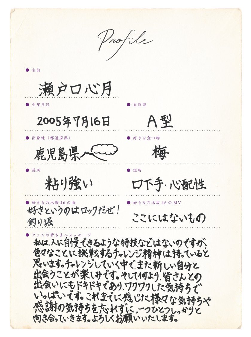 6期生「瀬戸口心月」の撮り下ろし写真＆手書きプロフィールを公開