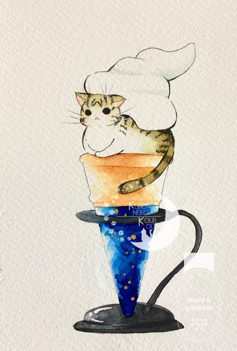 ソフトクリームinにゃんこ3。 ほえ。 #透明水彩 #猫 #イラスト #キジ白