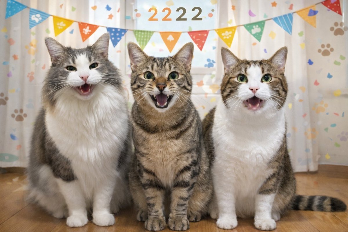 3ニャン並びながら、おはようございます☁️今日は2月22日のねこの日