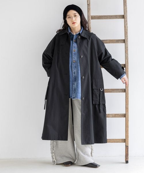 WOMENS】ベルト付フラップポケット/デザインスタンドカラートレンチ