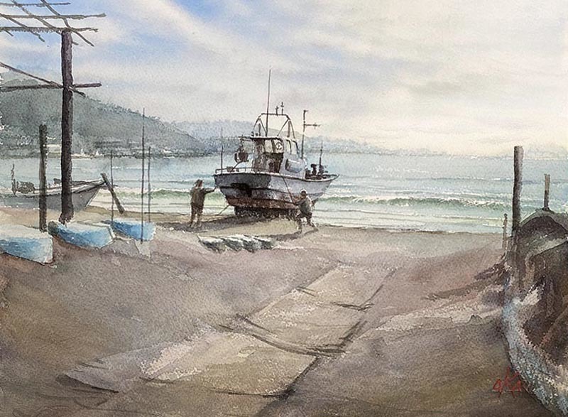 三浦海岸から歩いて津久井浜のあたり : 赤坂孝史の水彩画 AKASAKA