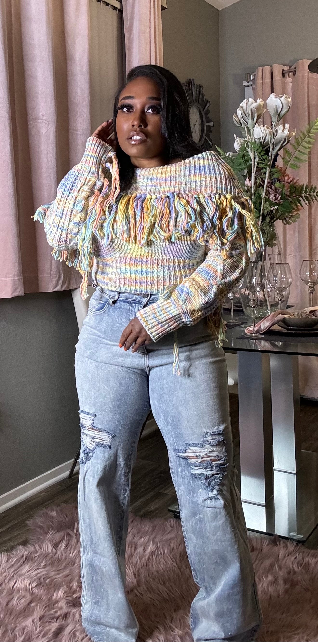 Mika Fringe Sweater (Yellow Multi) – Pejais Couture