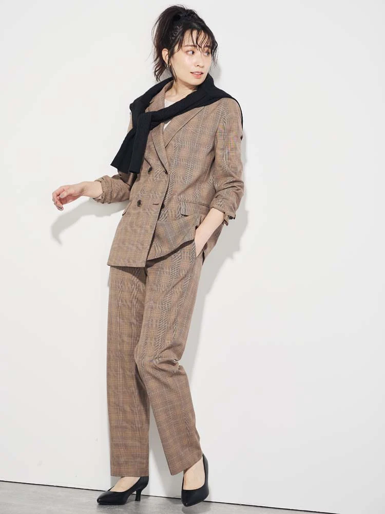 My wardrobe ファインチェックスーツ ストレートパンツ ブラウン