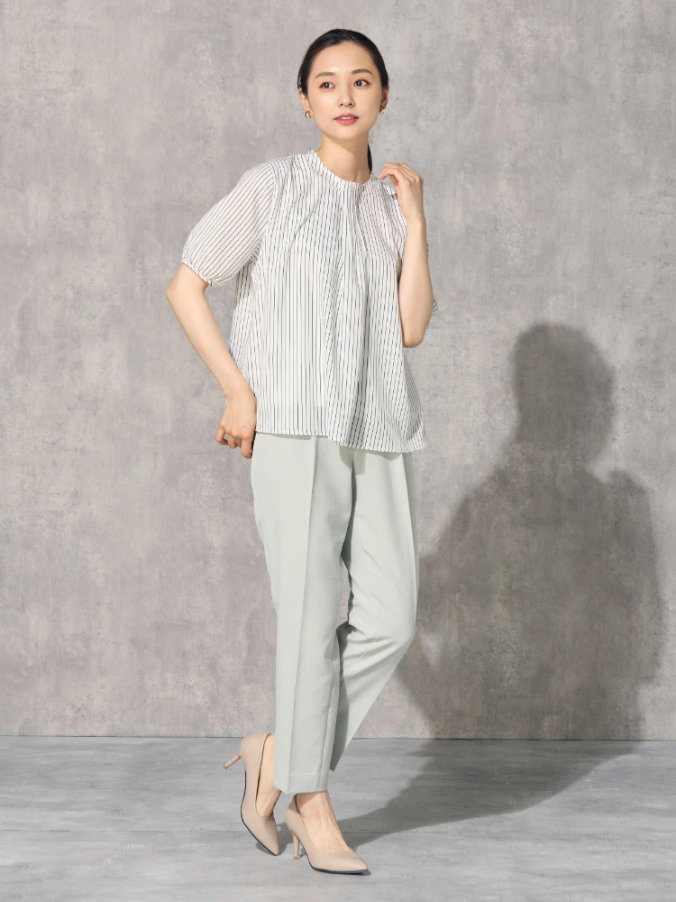 ベージュ ストライプ柄 ボウタイ風ブラウス ホワイト/ベージュ | P.S.