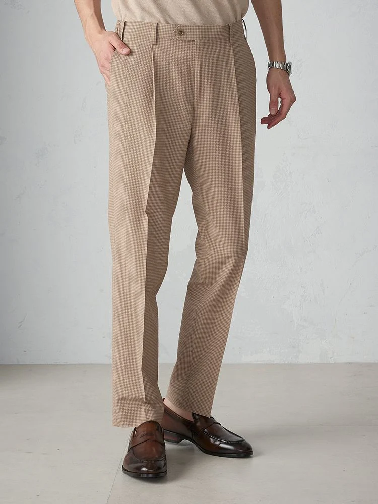 ベージュ ウール×シアサッカー ギンガムチェック柄 セットアップパンツ