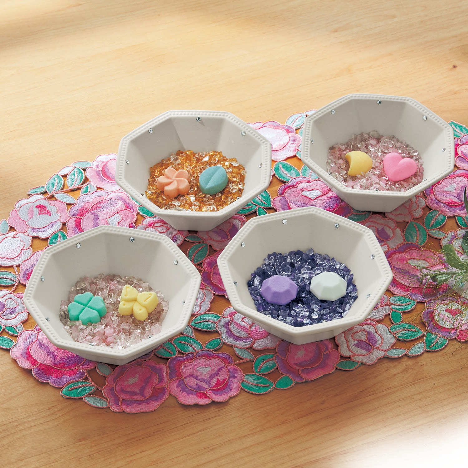 クリスタルガラスを使った八角皿＆天然石セット（オーナメント/置物