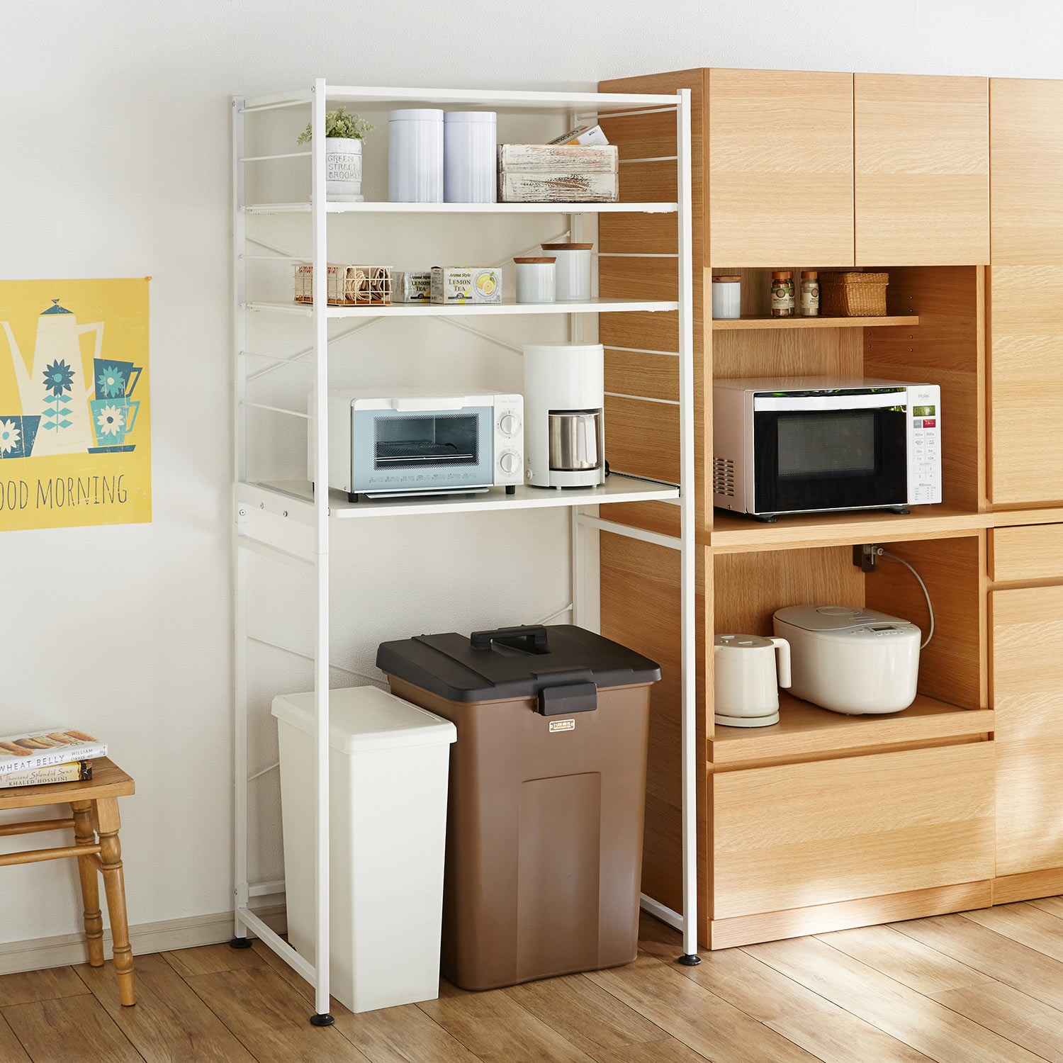 スライド棚付きダストボックス上キッチンラック（レンジ台/レンジ