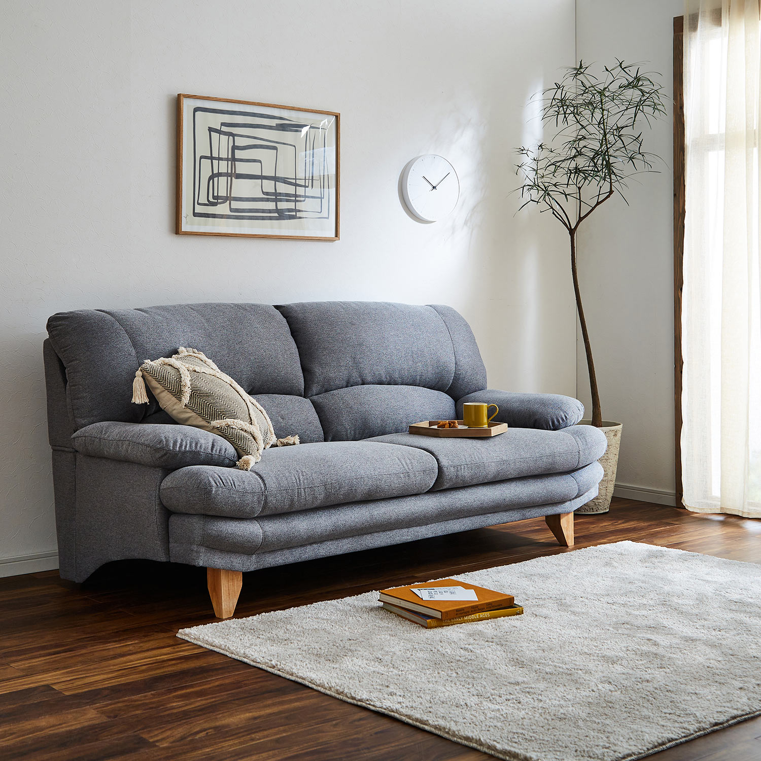 ファブリックのポケットコイル入りハイバックソファー ＜2人掛け／2