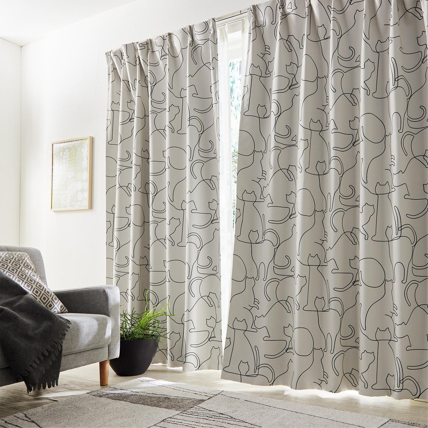 99サイズ】 ラインで描いた猫の洗える遮光カーテン ＜2枚組／1枚