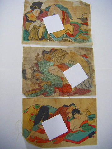 明治 浮世絵 歌麿「彩色 石版 絹本 春画 3点一括」 ＜ 紙の蔵