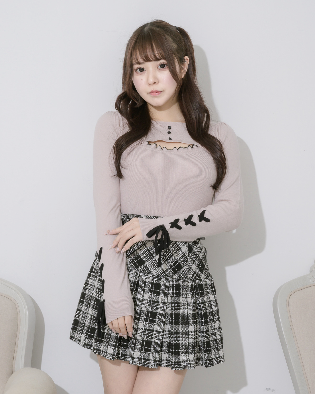 レースアップスリーブレイヤードニット – pium