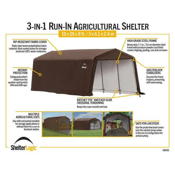 ShelterLogic 20' x 10' x 8' Brown 3-in-1 Run-in Shelter - 60402