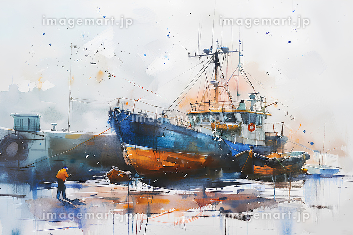 美しい水彩画の漁船「AI生成画像」のイラスト素材 [292428618]｜毎月1
