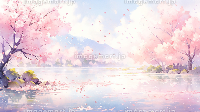 満開の桜の木に囲まれた水辺の水彩イラスト風景「AI生成画像