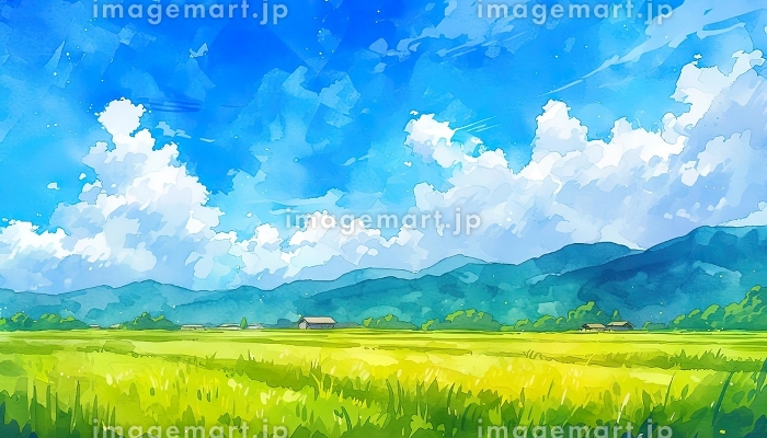 水彩画_夏の田舎の田園風景[AI生成画像]のイラスト素材 [257823989