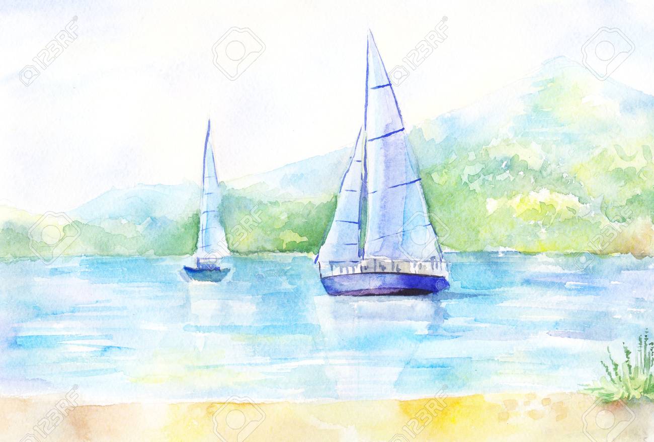 水彩画の風景 ボートと水面の反射 水彩画の風景 ボートと水面の反射