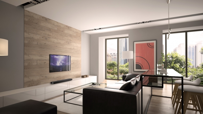 テレビの前に置いて簡単に迫力あるサウンドを実現する、スタイリッシュ