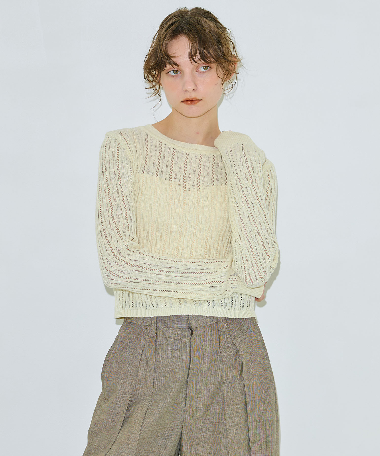 レースメッシュクロップドニット(FREE WHITE): : ウィメンズ｜PUBLIC