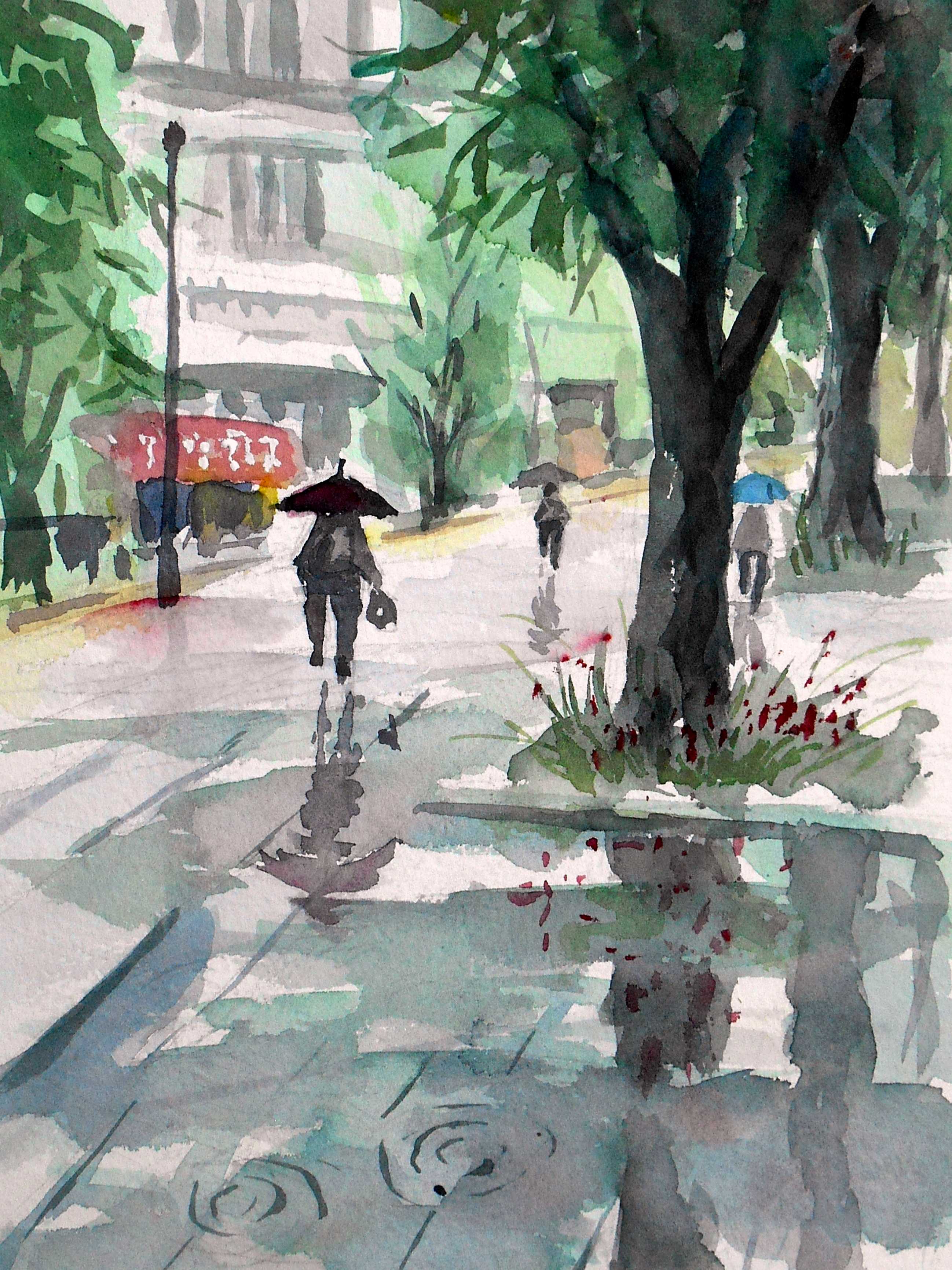 雨の横浜大通り公園 - 岡山のhiroの水彩画