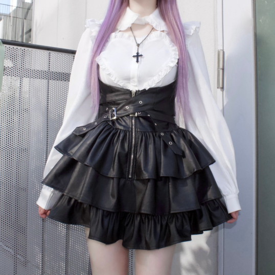 IMVAL / Frill Leather Dress [BLK] - QOOZA